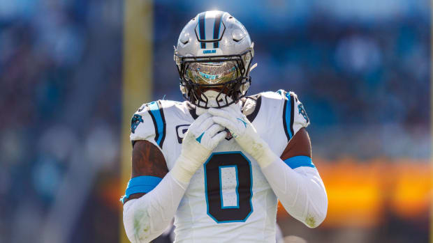 Dec 31, 2023; Jacksonville, Florida, USA; Carolina Panthers offensive linebacker Brian Burns (0) against the Carolina Panthers during the first quarter at EverBank Stadium.